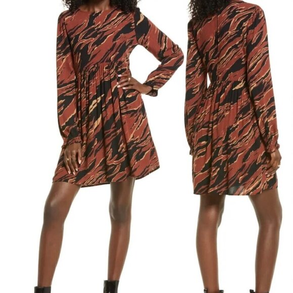 NWT BP by Nordstrom Brown and Black Tiger Stripe Long Sleeve Mini Dress - S - Picture 1 of 10